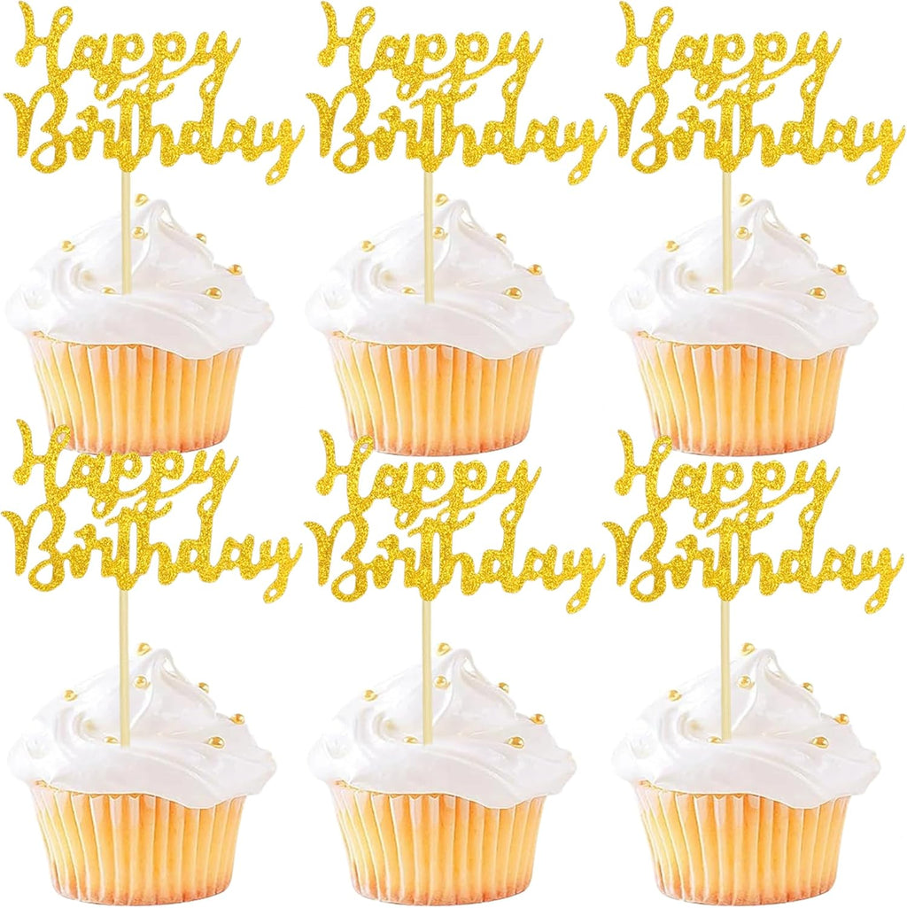12 Pcs Happy Birthday Cupcake Toppers, Gold Glitter Cupcake Decorations for Adult or Children Birthday Party Decorations