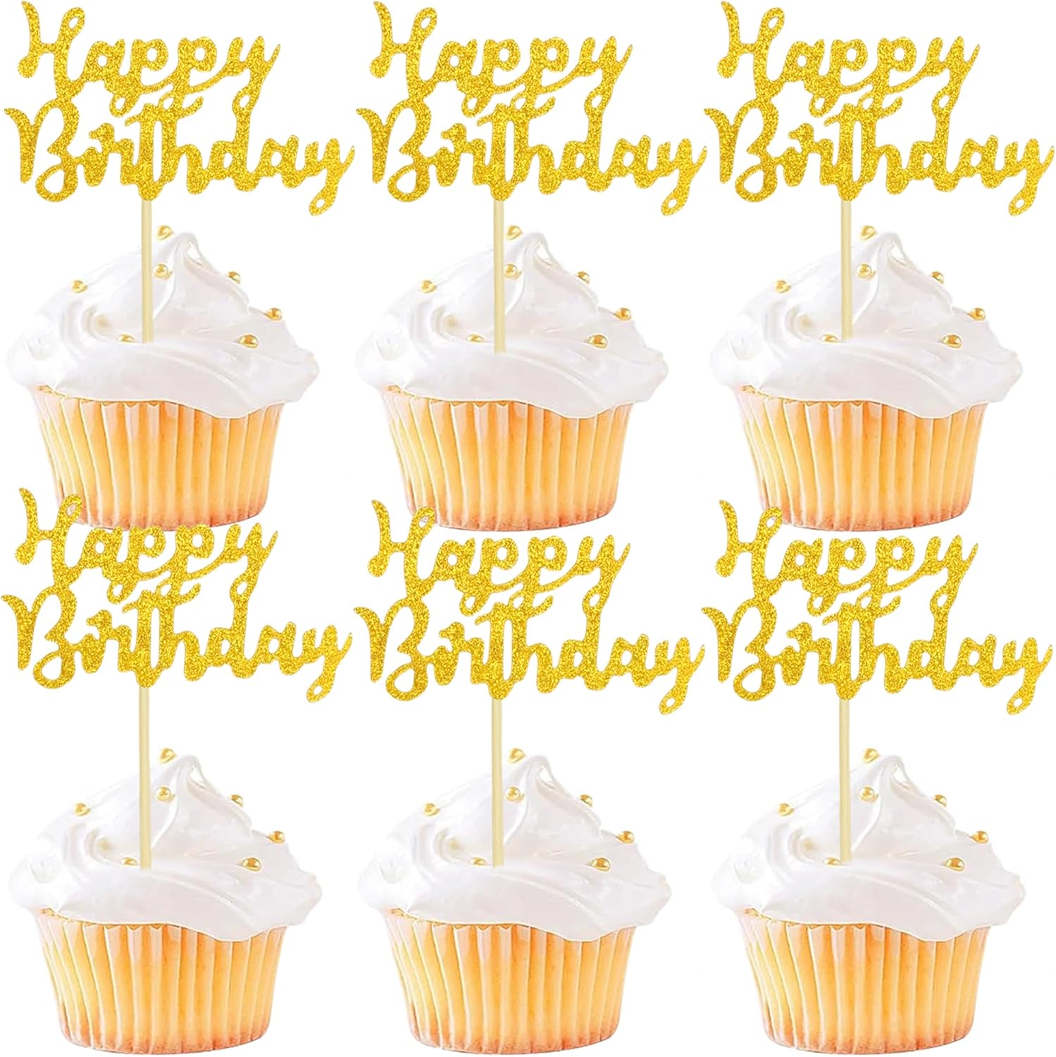 12 Pcs Happy Birthday Cupcake Toppers, Gold Glitter Cupcake Decorations for Adult or Children Birthday Party Decorations