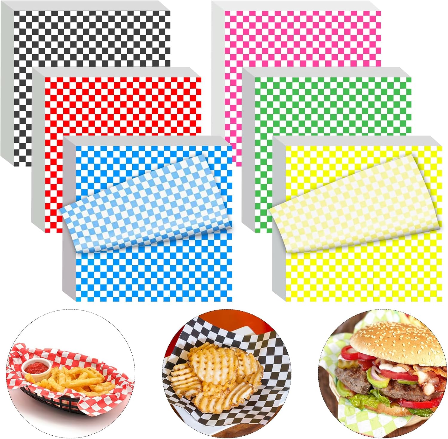 240Pcs Wax Paper Sheets for Food, 12x12 In Variety Pack Checkered Food Basket Liners, Grease Resistant Sandiwch Wrapping Paper, Festive Design Deli Sheets For Party, Fair and Outdoors Kovpnor