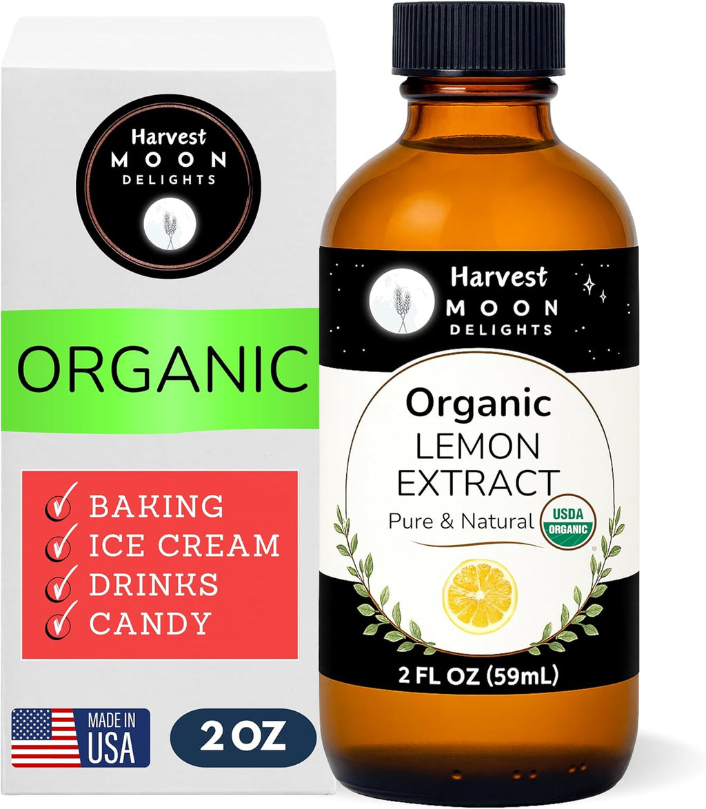 Organic Lemon Extract for Baking, Ice Cream, Drinks, and Candy - 2 oz - Water-Soluble - By Harvest Moon Delights - Pure Lemon Flavoring