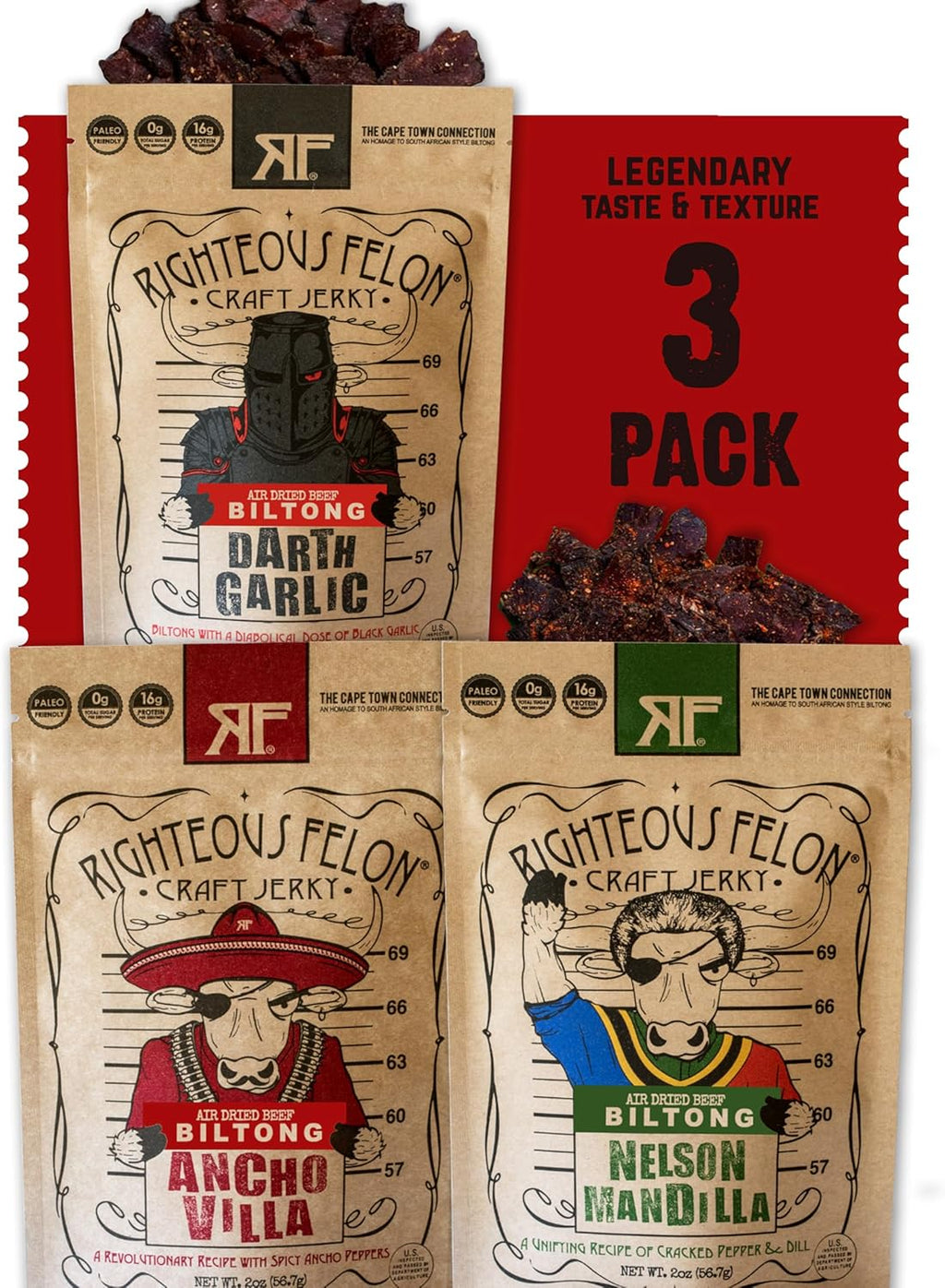 Righteous Felon Biltong Beef Jerky Variety Pack | South African Biltong Snack Packs for Adults | High Protein, Keto-Friendly, Low Sugar | Made with Premium Meats | Beef Jerky Gifts for Men | 3 Pack