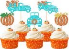 30 PCS Pumpkin Truck Cupcake Toppers Glitter Fall Theme Truck Cupcake Picks Pumpkin Cake Decorations for Harvest Thanksgiving Day Theme Wedding Birthday Party Supplies Blue