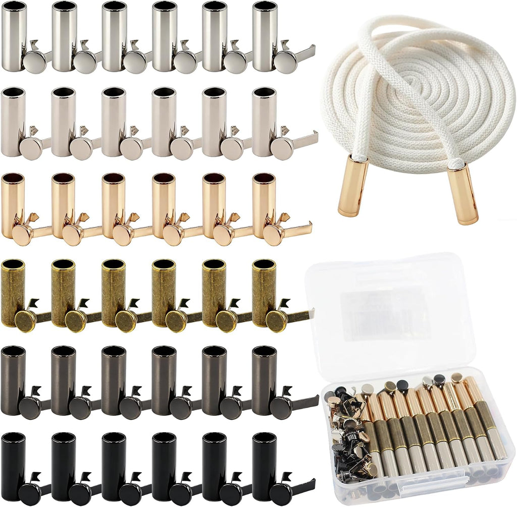 60Sets 6 Colors Alloy Shoelace Tips and Shoelace Head Kit, Cylindrical Metal Aglets Replacement for Shoestrings Clothing Hoodies Drawstring Repairing