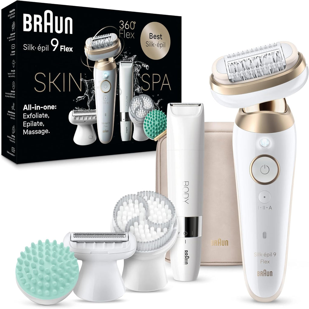 Braun Epilator Silk-épil 9 Flex SkinSpa, Hair Removal Device, 360 Flex and Pivoting Head, Wet and Dry, Includes Shaver Head, Trimmer Comb, Massage Pad, Exfoliation Brush and BodyTrimmer, SES9-481 3D