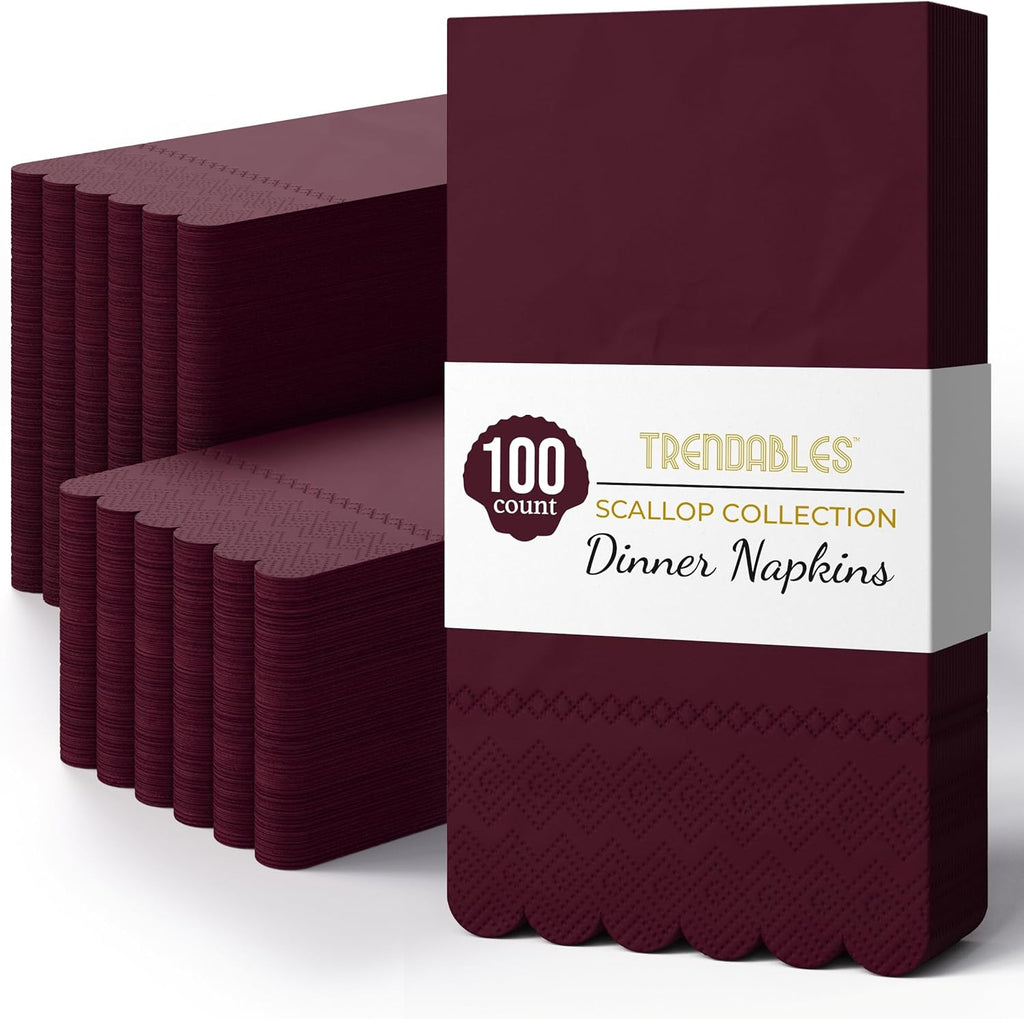 Burgundy Scalloped Napkins Disposable 100 Pcs 3-Ply Burgundy Scalloped Dinner Napkins Disposable Decorative for Dinners & Parties, Paper Guest Towels for Bathroom & Party Supplies