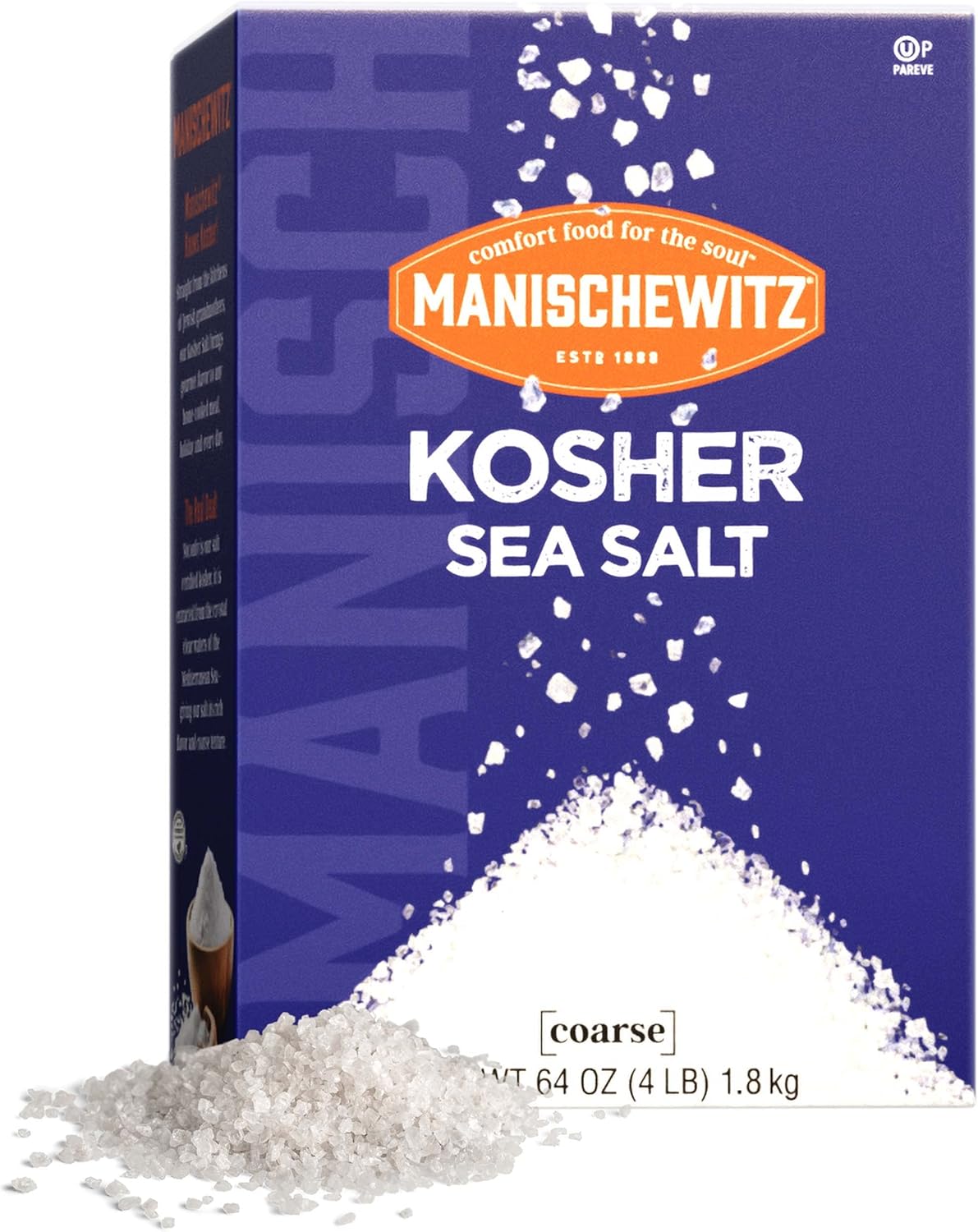 Manischewitz Natural Kosher Salt (4lb Box) | EZ-Pour Spout | 100% Coarse Sea Salt from Sicily Italy | Iodine Free | No Additives or Fillers | Salt Grinder Refill | 25% more than 3lb box