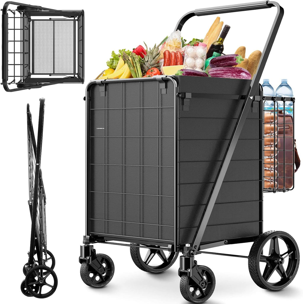 Folding Shopping Cart for Groceries,360 lbs Capacity Grocery Cart with Waterproof Liner and 360° Swiveling Wheels Collapsible Shopping Carts with Double Basket for Condo Laundry Transport Trip