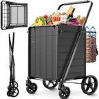 Folding Shopping Cart for Groceries,360 lbs Capacity Grocery Cart with Waterproof Liner and 360° Swiveling Wheels Collapsible Shopping Carts with Double Basket for Condo Laundry Transport Trip
