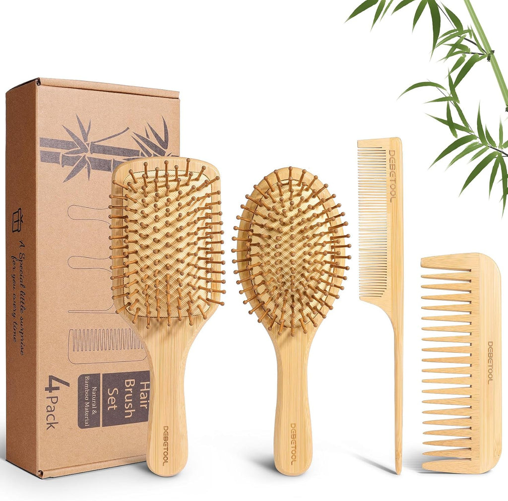 DEBETOOL Bamboo Hair Brush and Comb Set - Natural Wooden & Bamboo Brush for Hair Growth with Wide-tooth Tail Comb, Ergonomic Design for (Thick/Thin/Curly/Dry Hair) - Wooden Comb for Women Gift Kit