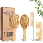 DEBETOOL Bamboo Hair Brush and Comb Set - Natural Wooden & Bamboo Brush for Hair Growth with Wide-tooth Tail Comb, Ergonomic Design for (Thick/Thin/Curly/Dry Hair) - Wooden Comb for Women Gift Kit