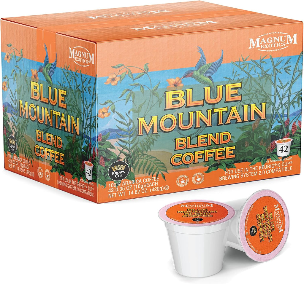 Magnum Exotics Coffee, Blue Mountain Blend - Light-Medium Roast, Ground Coffee Pods, Single Serve, Made With 100% Arabica Beans, Freshly Roasted, Mild Acidity - 42 Count