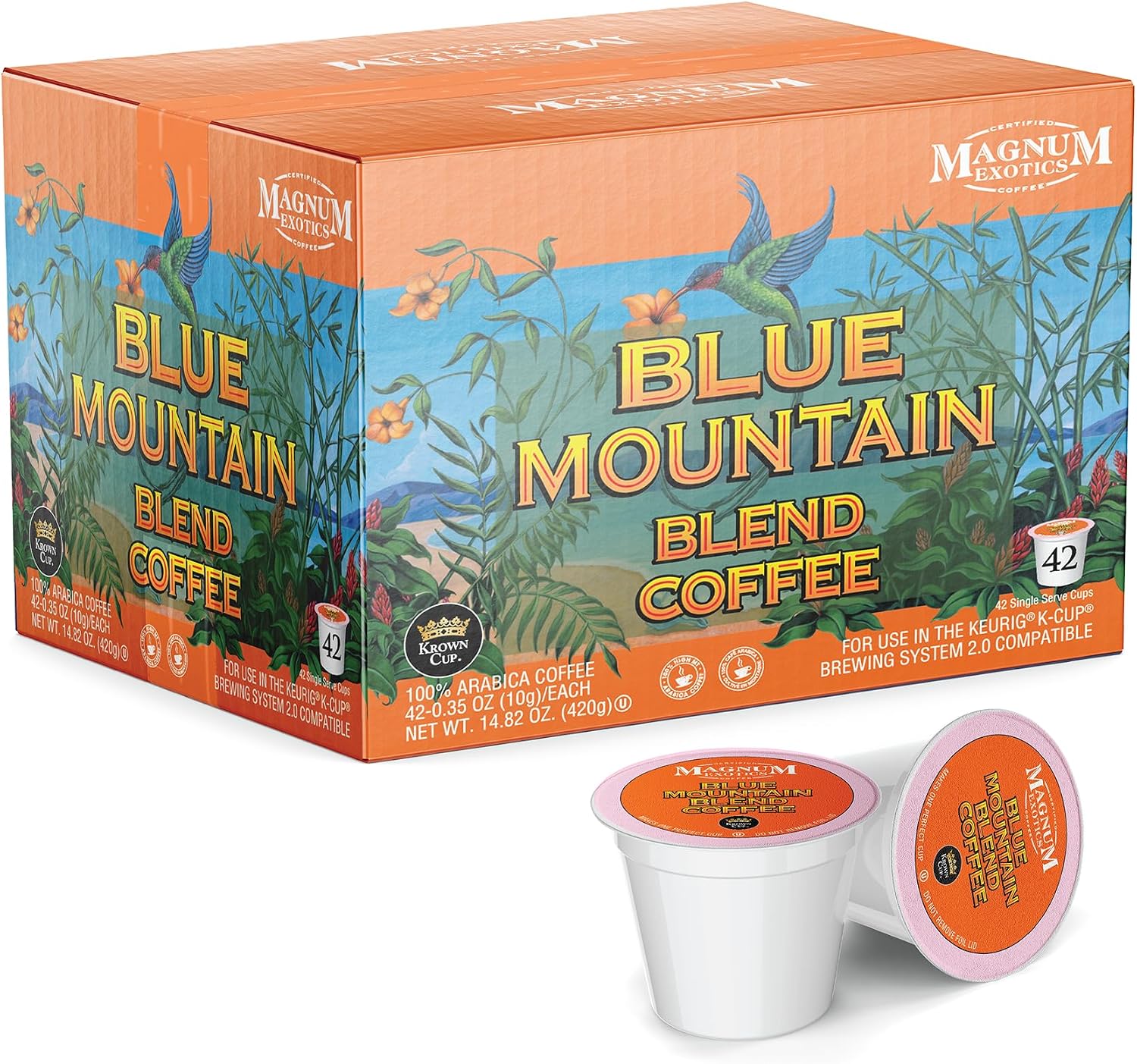 Magnum Exotics Coffee, Blue Mountain Blend - Light-Medium Roast, Ground Coffee Pods, Single Serve, Made With 100% Arabica Beans, Freshly Roasted, Mild Acidity - 42 Count