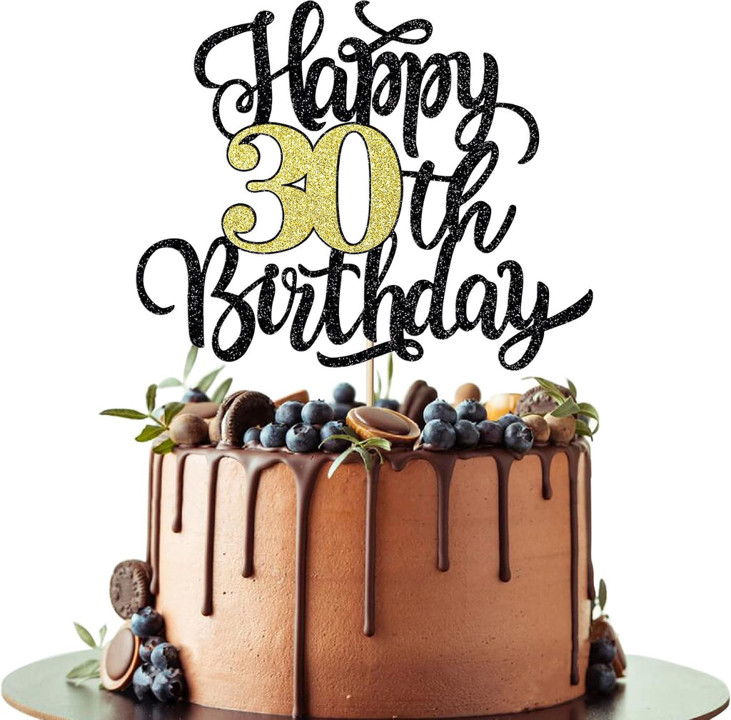 Happy 30th Birthday Cake Topper, Black Gold Glitter Birthday Cake Topper, 30th Anniversary/ 30th Birthday Party Decoration Supplies