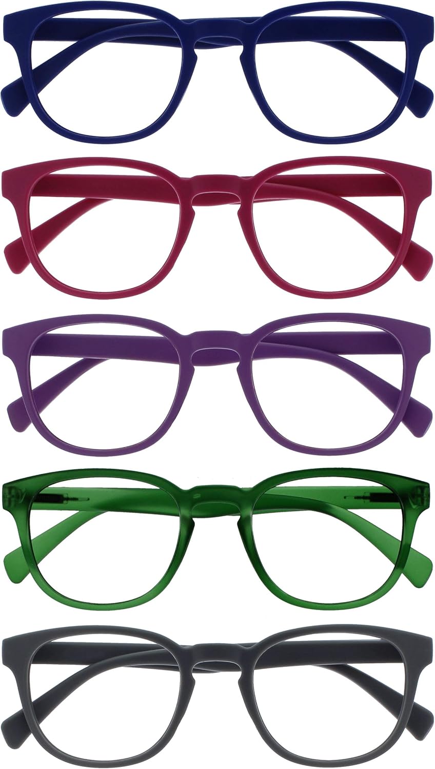 OPULIZE POP Reading Glasses for Women Men,Scratch Resistant Round Matt Frame with Spring Hinges, Blue, Pink, Purple, Green, Grey +2.50 (Pack of 5)