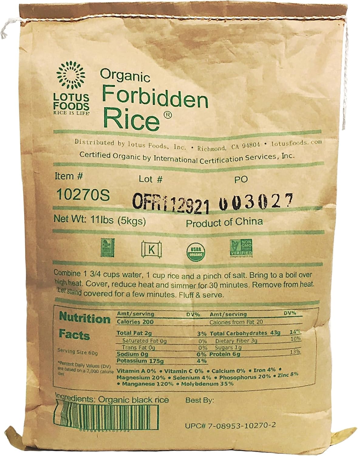 Lotus Foods Bulk Organic Forbidden Rice - Black Rice Organic, Purple Rice, Black Rice Bulk, Gluten Free Heirloom Rice, Whole Grain, Non GMO, Vegan - 11 lb Bag