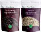 Viva Doria Tellicherry Peppercorn, (Whole Black Pepper) 12 Oz & Whole White Peppercorn (Whole White Pepper) 12 oz for Grinder Refill