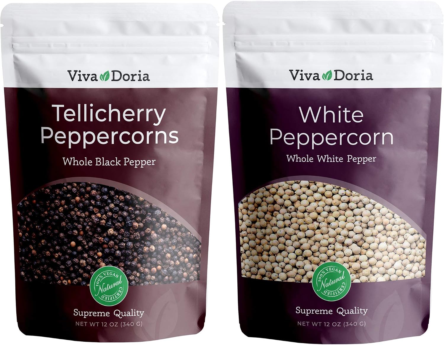 Viva Doria Tellicherry Peppercorn, (Whole Black Pepper) 12 Oz & Whole White Peppercorn (Whole White Pepper) 12 oz for Grinder Refill