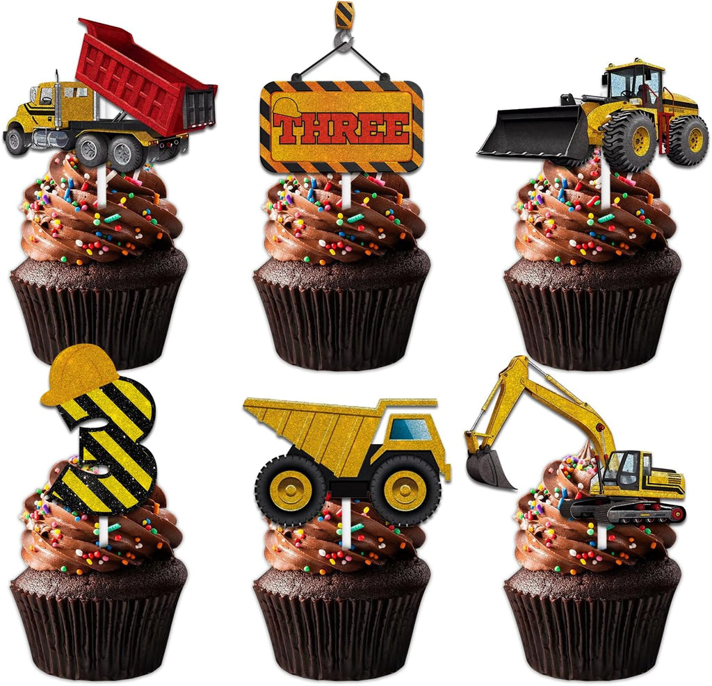 18pcs Gold Glitter Dessert Cupcake Topper Pick for Construction Tool Worker Three Years Old Theme Decor Supplies Kids Happy 3rd Birthday Party Decorations