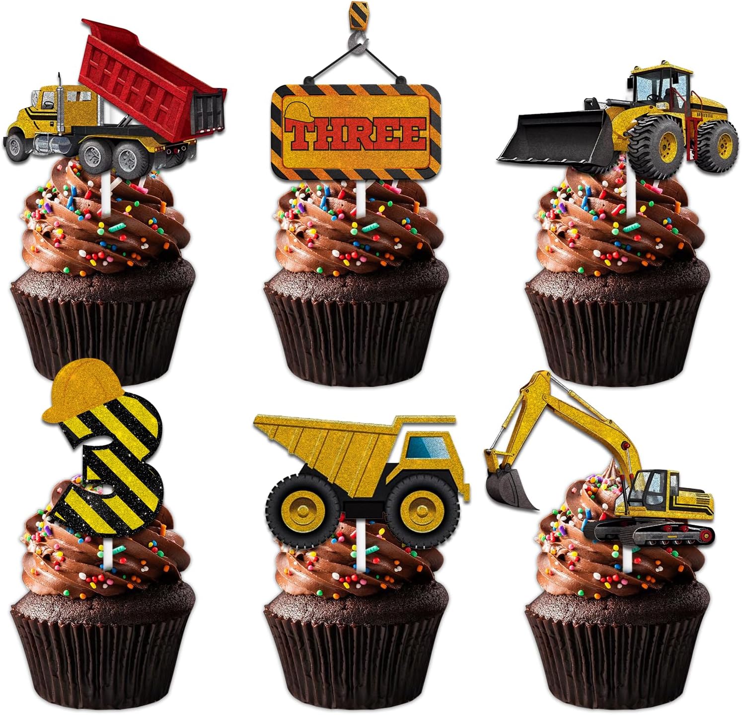 18pcs Gold Glitter Dessert Cupcake Topper Pick for Construction Tool Worker Three Years Old Theme Decor Supplies Kids Happy 3rd Birthday Party Decorations