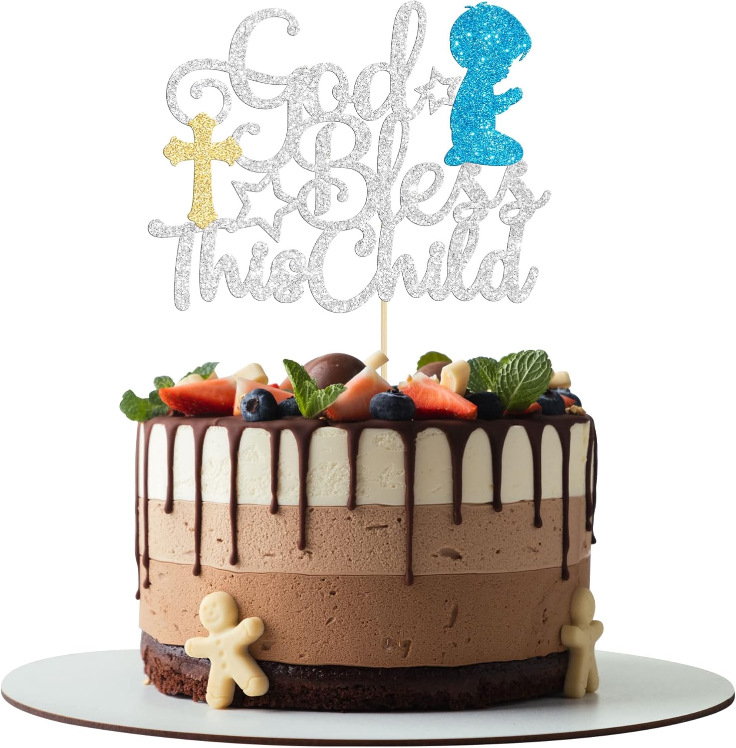 Gyufise 1Pc God Bless This Child Cake Topper Baptism Cake Decoration Silver Glitter First Communion God Bless Boy Cake Pick Decoration for Baptism Baby Shower Birthday Christmas Party