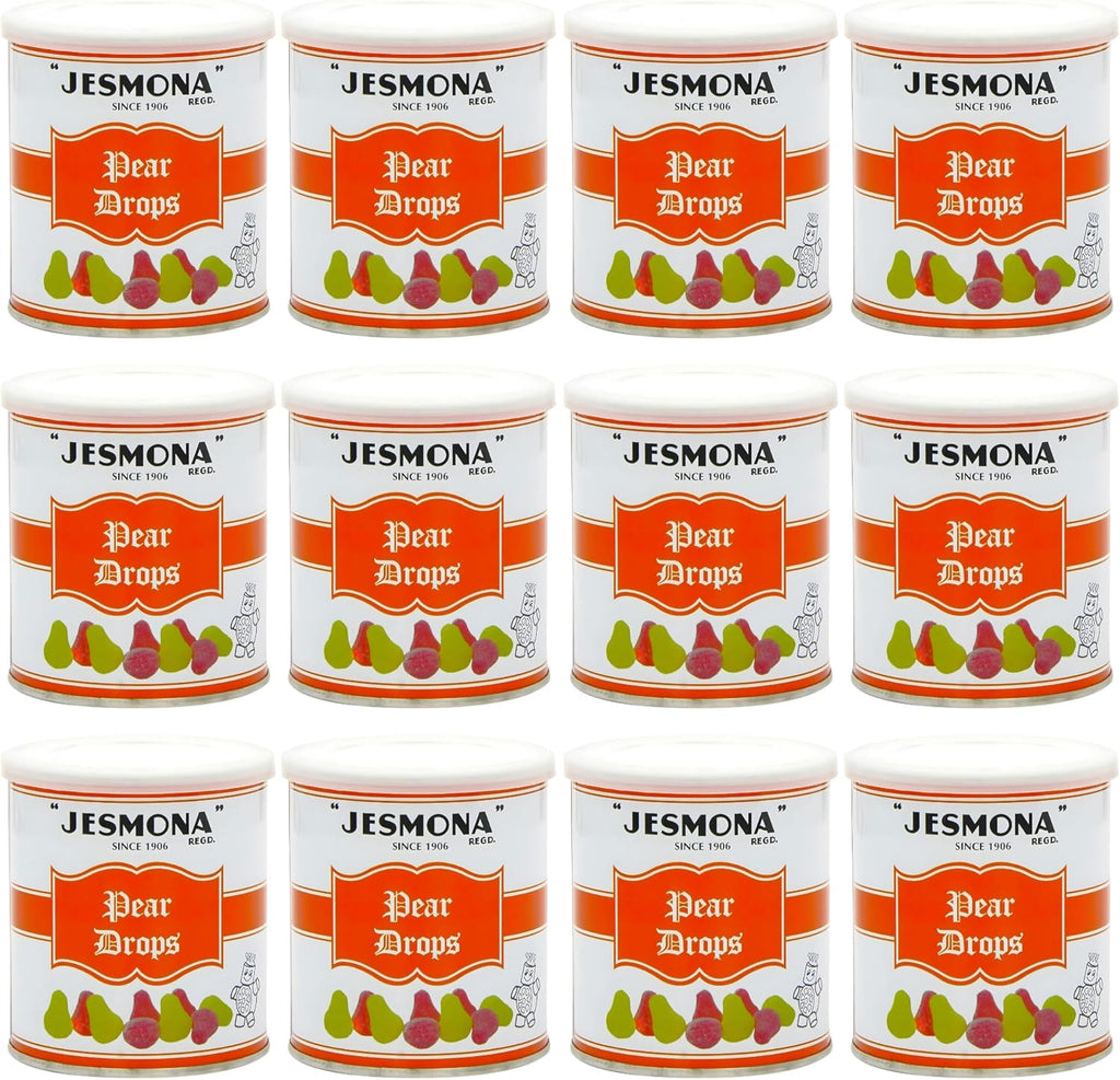 Jesmona Pear Drops - British Hard Candy 250g / 8.8 Oz (Pack of 12) Gift Tin | Mini Pear Flavored Boiled Sweet | Traditional Old Fashioned Retro English Sweets | Imported Confectionery from England, UK