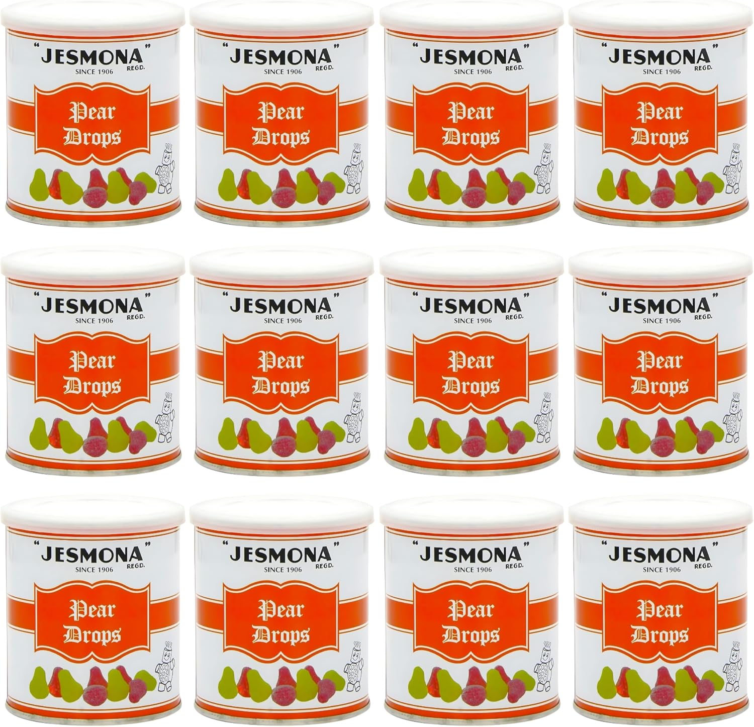 Jesmona Pear Drops - British Hard Candy 250g / 8.8 Oz (Pack of 12) Gift Tin | Mini Pear Flavored Boiled Sweet | Traditional Old Fashioned Retro English Sweets | Imported Confectionery from England, UK