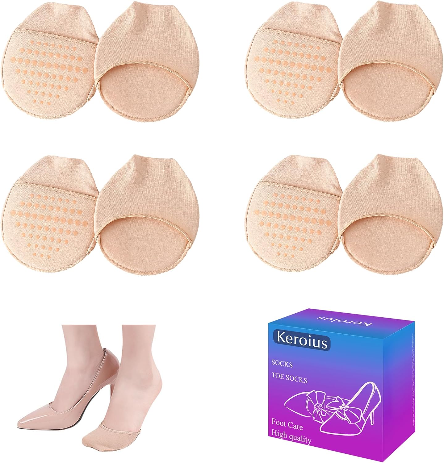 4Pairs Women's Toe Topper Liner Socks,Low Cut No Show Toeless Half Socks,Forefoot Cushion Pads for Flat,High Heels