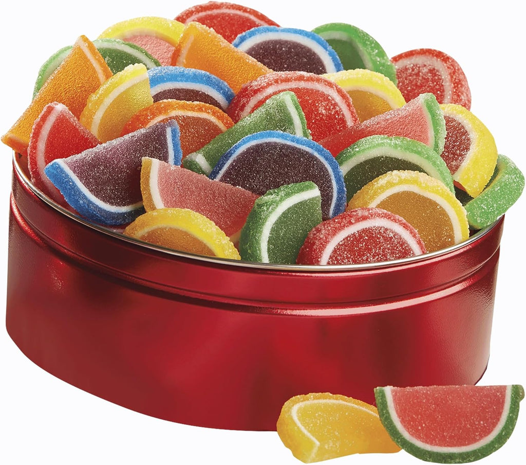 The Swiss Colony Fruitful Delight Jelly Candy Fruit Slices Gift Tin Individually Wrapped Orange, Lemon, Cherry, Lime, Blueberry, Watermelon & Grapefruit Old Fashion Candy, 1 lb. 3/4 oz. net wt.