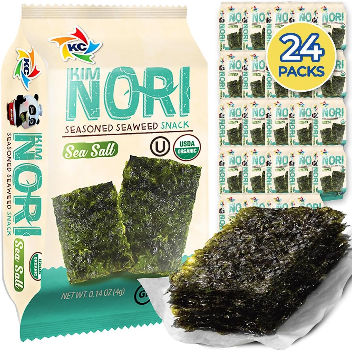 KIMNORI Seasoned Seaweed Snacks Sheets – Organic Sea Salt Flavor 24 Individual Packs Roasted Crispy Premium 100% Natural Laver Kim Nori 4g 0.14 Ounce