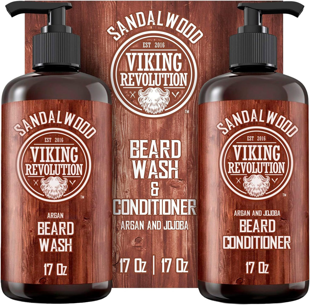 Viking Revolution Beard Wash & Beard Conditioner Set with Argan & Jojoba Oils - Softens and Strengthens - Natural Sandalwood Scent - Beard Shampoo with Beard Oil (17 oz)