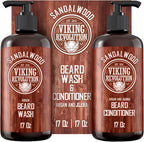 Viking Revolution Beard Wash & Beard Conditioner Set with Argan & Jojoba Oils - Softens and Strengthens - Natural Sandalwood Scent - Beard Shampoo with Beard Oil (17 oz)