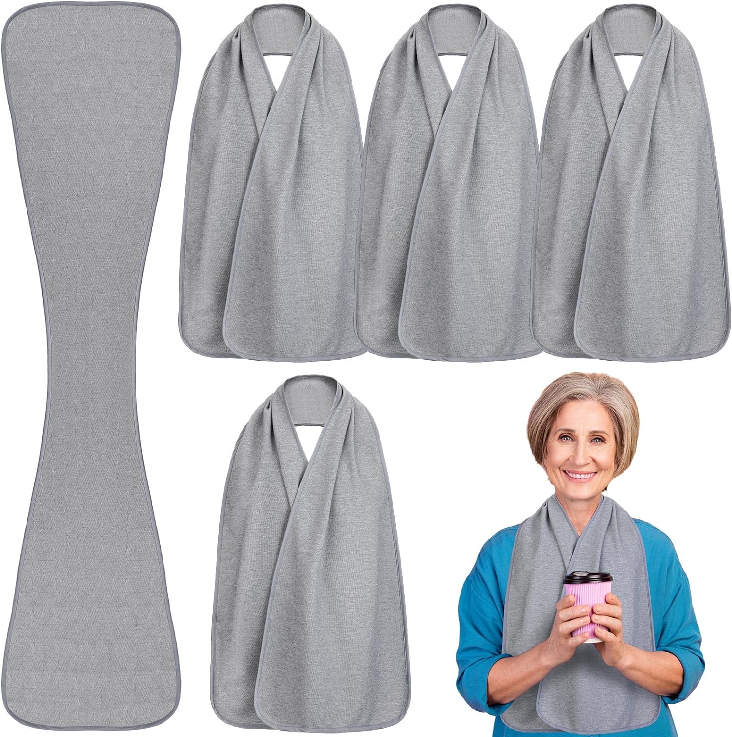 6 Pcs Adult Bibs Scarf for Eating Dignity Dining Protectors Scarf Bibs for Elderly Senior Citizens Washable(Gray)