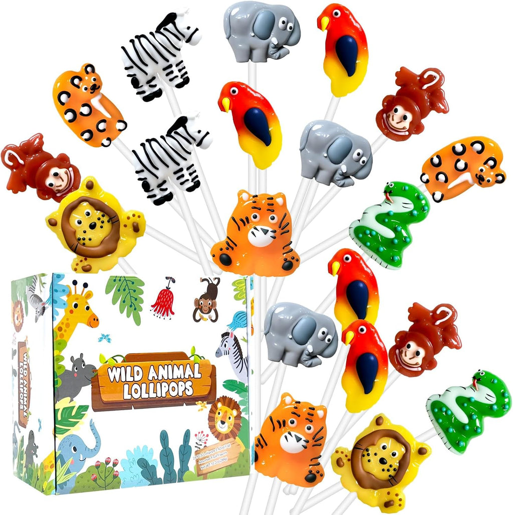 Safari Wildlife-themed Lollipops 24 Ct with 8 Animals Shapes & Fruit Flavors, Individually Wrapped Suckers for Zoo Birthday Party Candies, Earth Day, Christmas Stocking Stuffers, Wildlife Conservation
