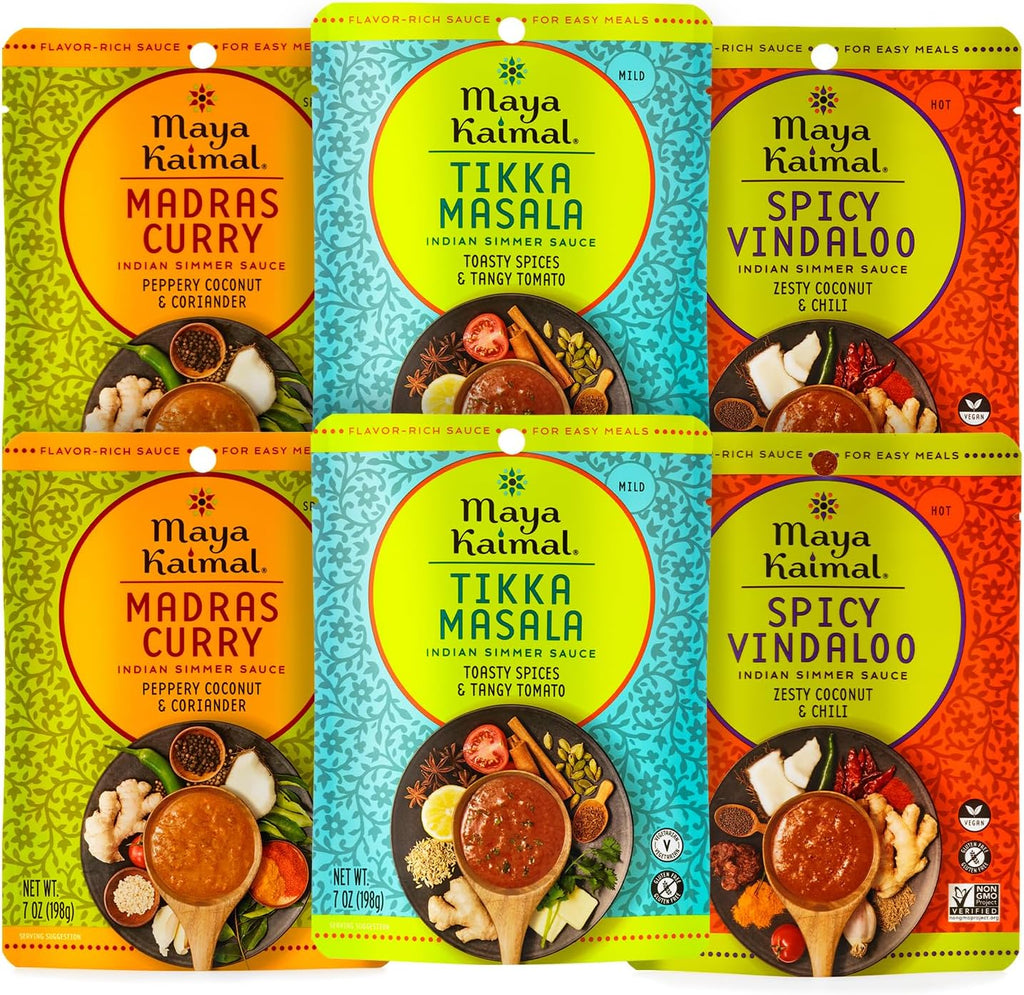 Maya Kaimal Indian Simmer Sauce, Tikka Masala, Madras Curry & Spicy Vindaloo, 2 of Each, 7oz Easy Pour Pouch | Vegetarian, Gluten Free, Non-GMO