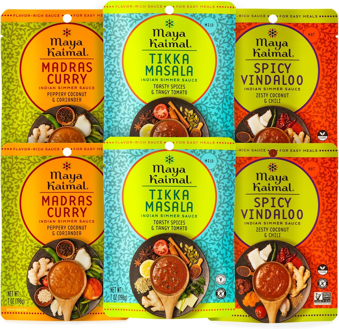 Maya Kaimal Indian Simmer Sauce, Tikka Masala, Madras Curry & Spicy Vindaloo, 2 of Each, 7oz Easy Pour Pouch | Vegetarian, Gluten Free, Non-GMO