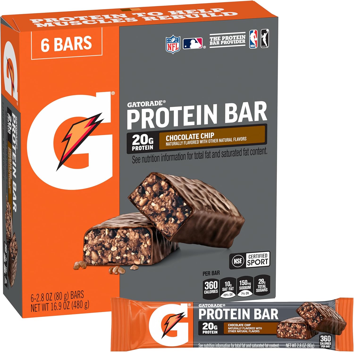 Gatorade Whey Protein Recover Bars Chocolate Chip, 2.8 Oz, 6 Ct