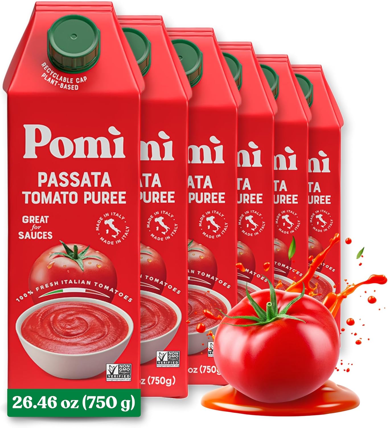 Pomì Tomato Passata 26.46oz (Pack of 6) - Made in Italy - Creamy, Velvety Tomato Puree with Touch of Salt, No Additives or Preservatives - 100% Fresh Italian Tomatoes - BPA-Free, Gluten-Free