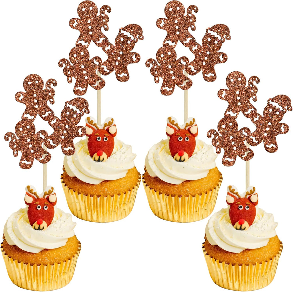 Ephlyn 24Pcs Christmas Gingerbread Cupcake Toppers Picks Xmas Holiday Cupcake Picks Merry Christmas Theme Holiday Baby Shower Birthday Party Cake Decorations Supplies Brown