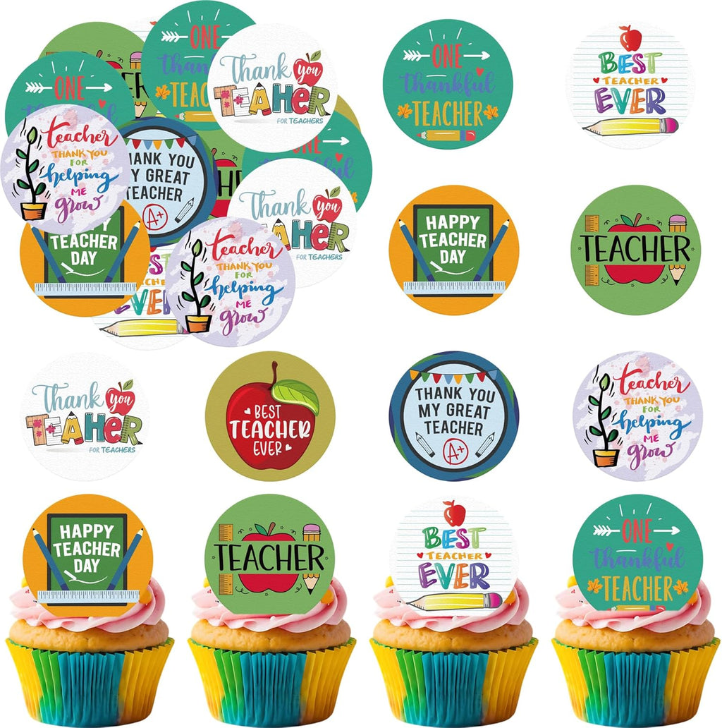 36 Pack Edible Teacher Appreciation Cupcake Toppers Wafer Paper Thank You Teacher Cupcake Picks Best Teacher Cake Decor for Teacher's Day Party Cake Decor Supplies