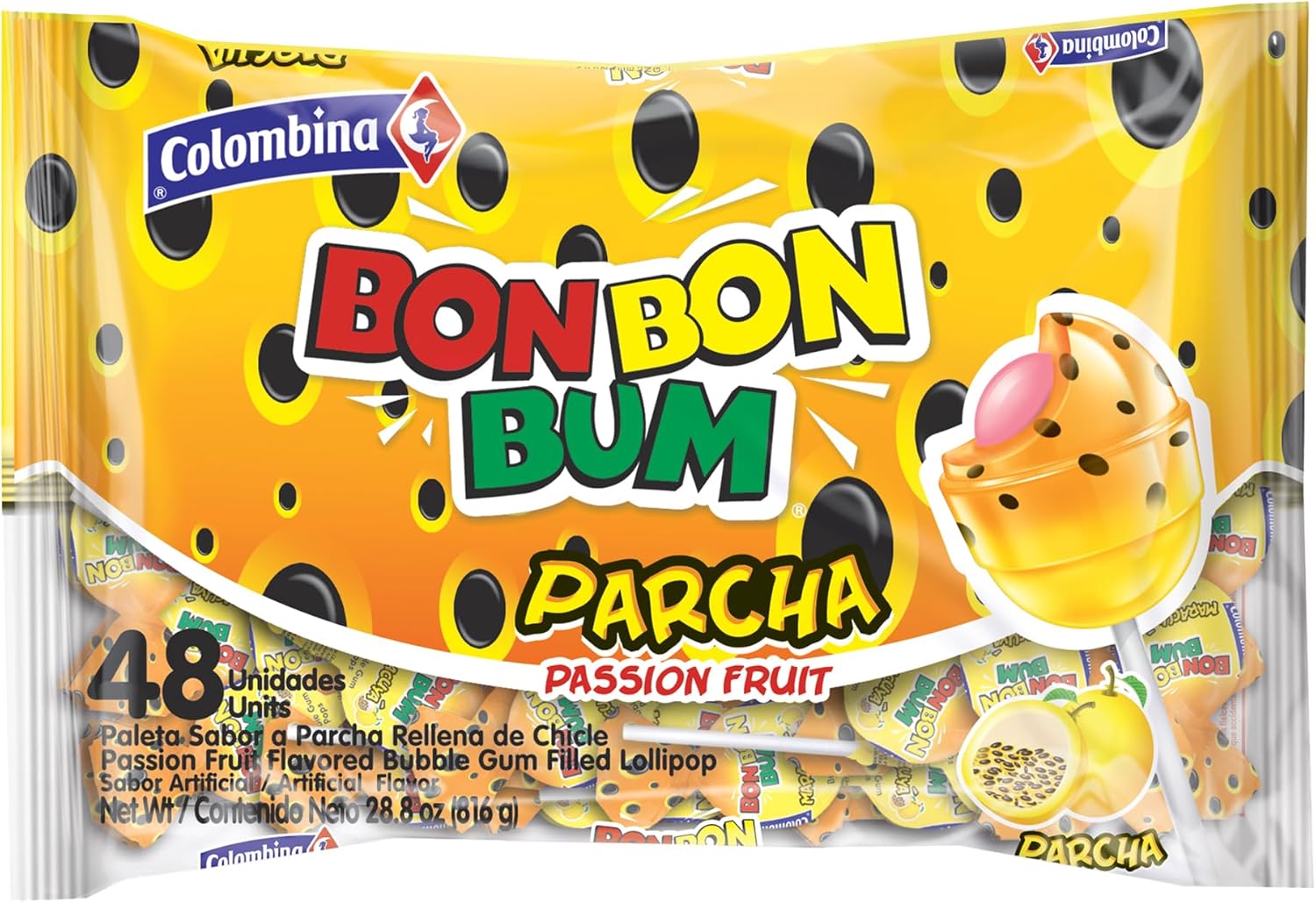 Colombina Bon Bon Bum Lollipops Tropical Passion Fruit Flavor, 48 Count (Pack of 1)