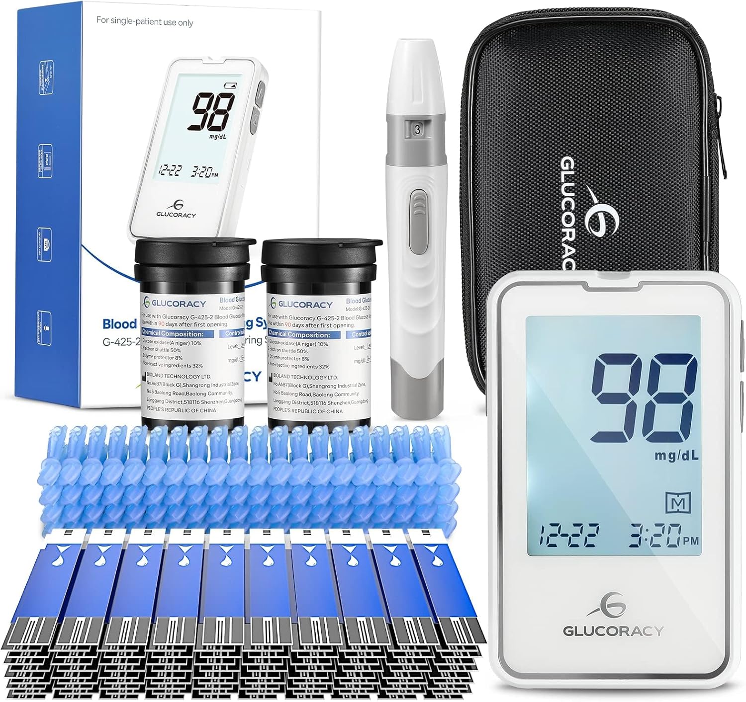 Glucoracy Blood Glucose Monitor Kit with 100 Blood Sugar Test Strips & Lancets, Glucometer, Lancing Device, Travel Case, Diabetic Home Testing Kit
