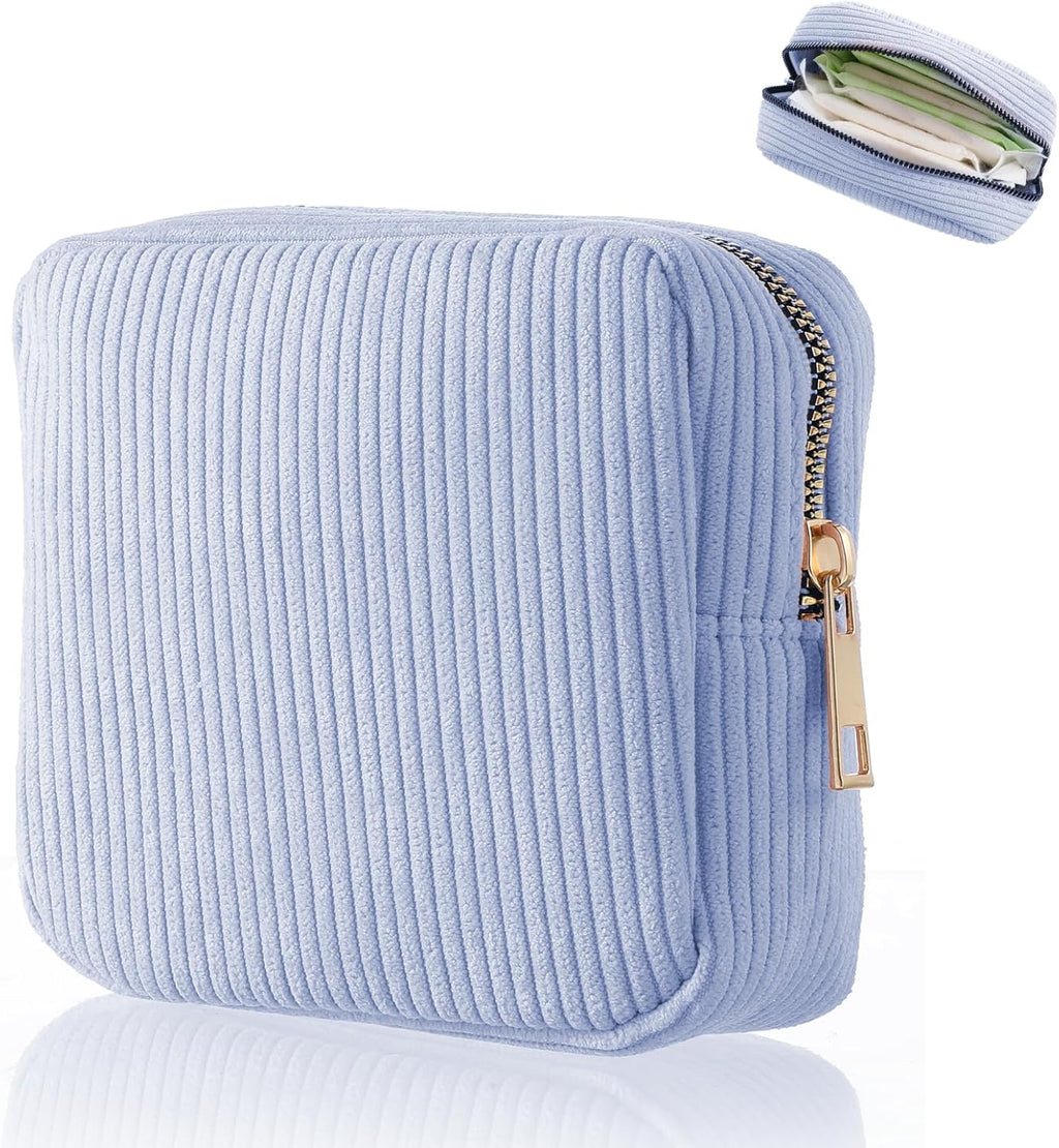 Period Bag for Teen Girls, Corduroy Sanitary Napkin Storage Bags Portable Sanitary Pad Storage Bag with Slip-in Pockets(Blue)