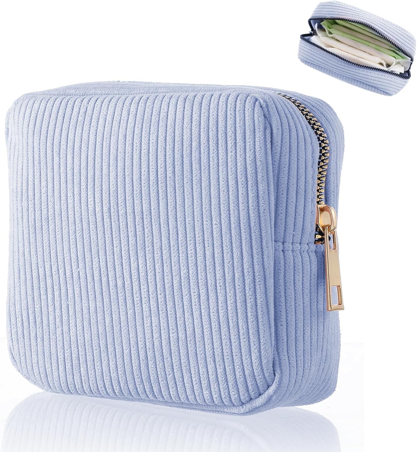 Period Bag for Teen Girls, Corduroy Sanitary Napkin Storage Bags Portable Sanitary Pad Storage Bag with Slip-in Pockets(Blue)