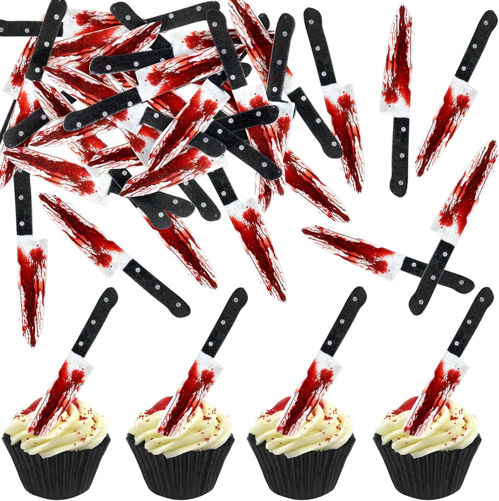 Ercadio 65Pcs Edible Halloween Cupcake Toppers Edible Happy Halloween Cake Picks Horror Bleeding Knives Cupcake Decors for Baby Shower Party Cake Decoration