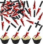 Ercadio 65Pcs Edible Halloween Cupcake Toppers Edible Happy Halloween Cake Picks Horror Bleeding Knives Cupcake Decors for Baby Shower Party Cake Decoration