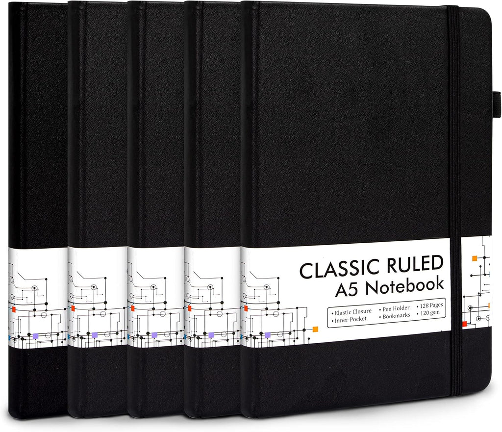 5 Pack Journal Notebook Bulk for School, Feela Hardcover Business Notebooks Classic Ruled Lined Journals with Pen Holder for Work Note Taking, with 5 Black Pens, 120 GSM, 5.1”x8.3”, A5, Black