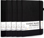 5 Pack Journal Notebook Bulk for School, Feela Hardcover Business Notebooks Classic Ruled Lined Journals with Pen Holder for Work Note Taking, with 5 Black Pens, 120 GSM, 5.1”x8.3”, A5, Black