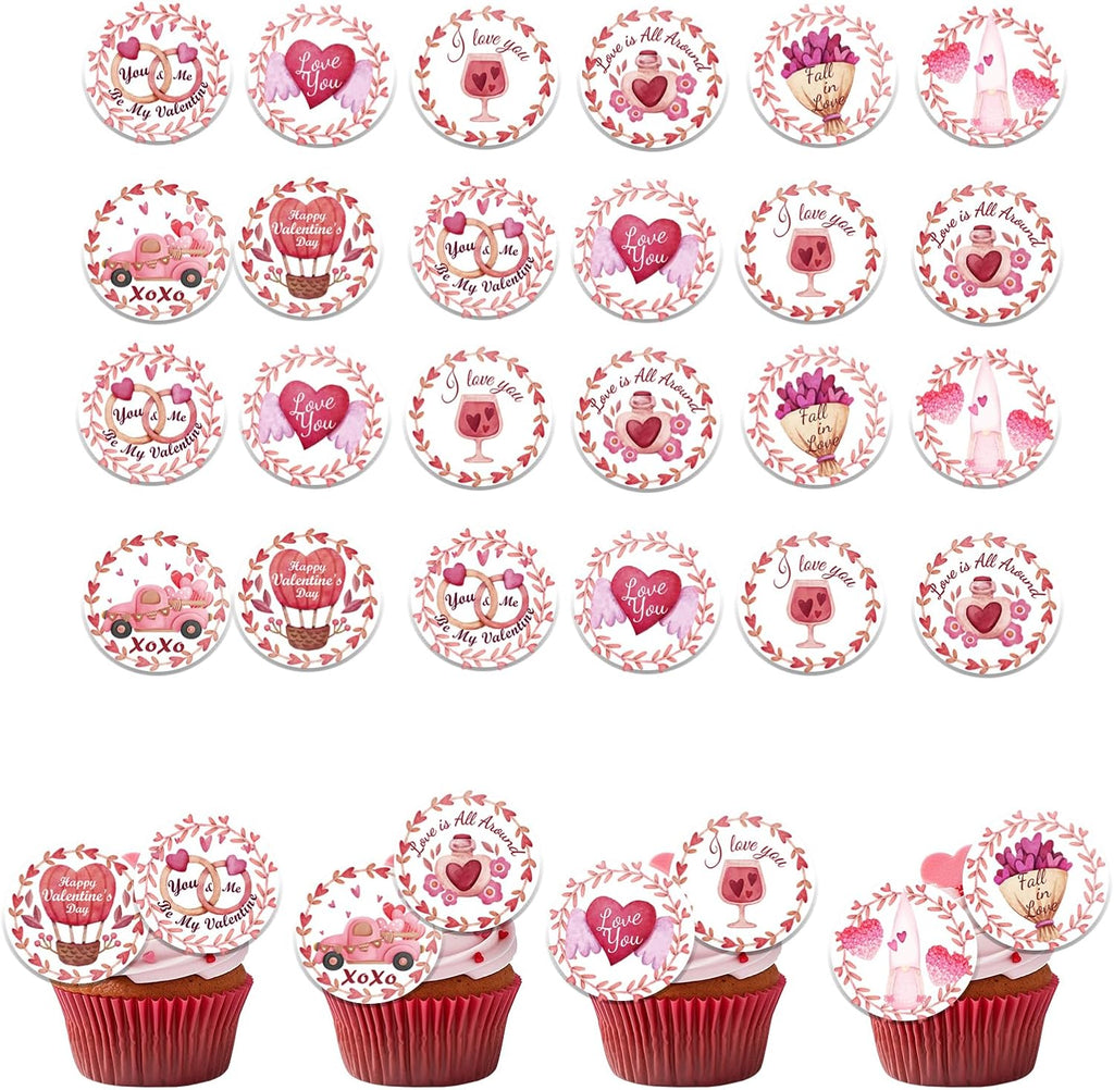 48PCS Edible Happy Valentine's Day Cupcake Toppers Wafer Paper I Love You Cupcake Picks Be My Valentine Cake Decor for Valentine's Day Theme Party Decor Supplies