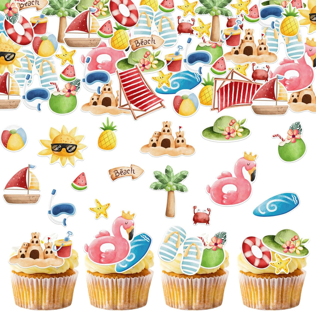 46pcs Edible Summer Beach Cupcake Toppers Wafer Paper Ball Sun Diving Goggles Watermelon Slippers Cupcake Picks Edible Summer Cake Toppers for Hawaii Theme Birthday Party Supplies