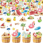 46pcs Edible Summer Beach Cupcake Toppers Wafer Paper Ball Sun Diving Goggles Watermelon Slippers Cupcake Picks Edible Summer Cake Toppers for Hawaii Theme Birthday Party Supplies